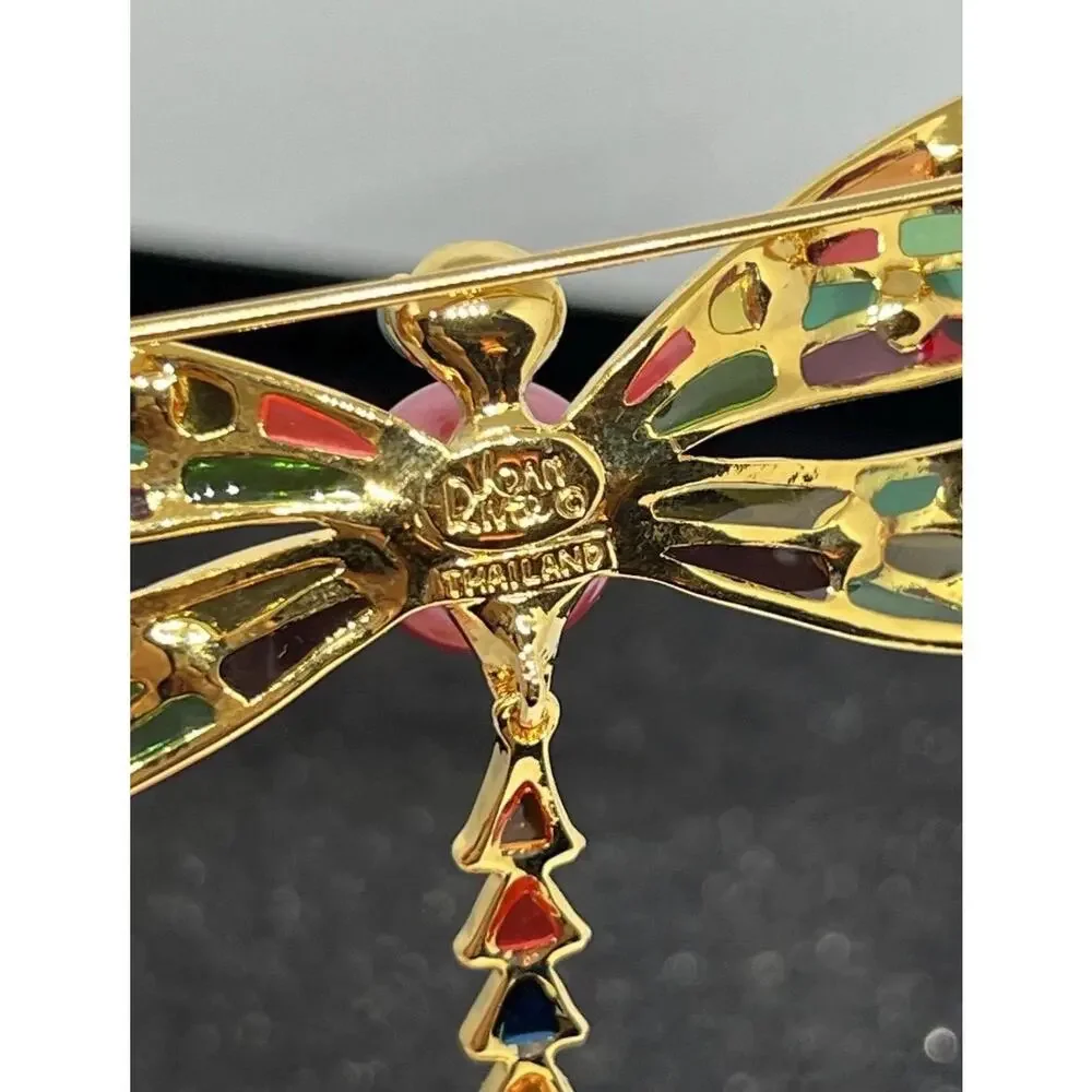 Joan Rivers Articulated Dragonfly Brooch, Plique a Jour Wings, Gold Tone (Origi
